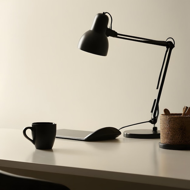 Photo a desk with a lamp and a cup of coffee on it