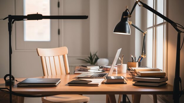 a desk with a lamp and a laptop on it