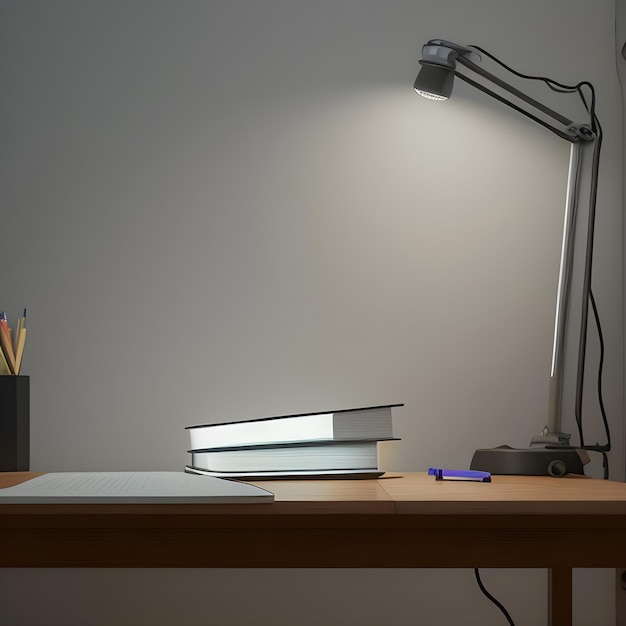 A desk with a lamp a pencil and a pencil on it