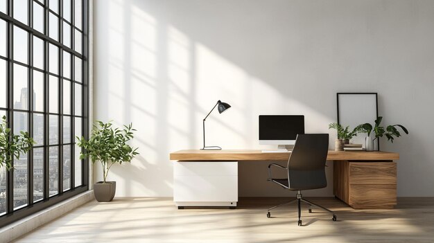 a desk with a lamp and a plant in the corner