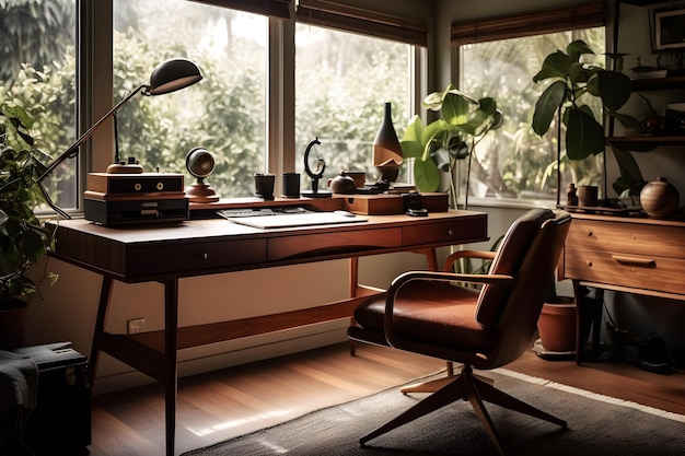 A desk with a lamp and a plant on the window sill.