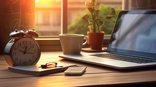 A desk with a laptop alarm clock coffee cup glasses and a smartphone in the morning sunlight