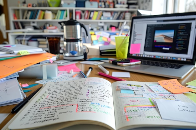 Desk with laptop and book on it in an office building