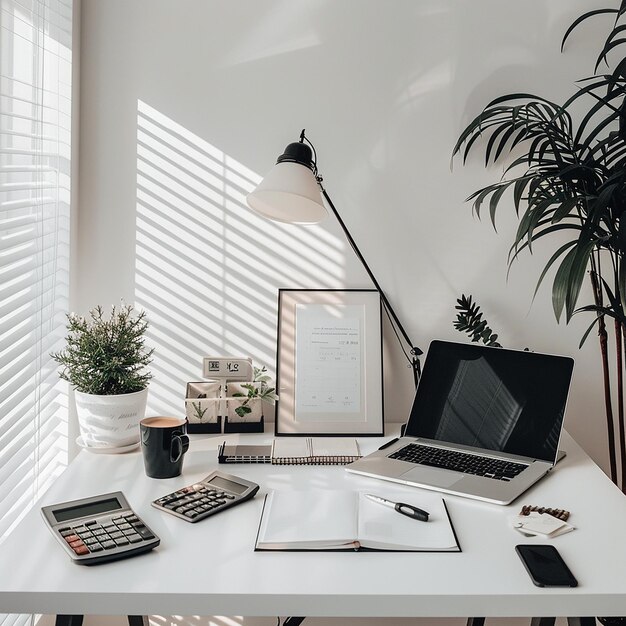 Photo a desk with a laptop a book and a plant on it