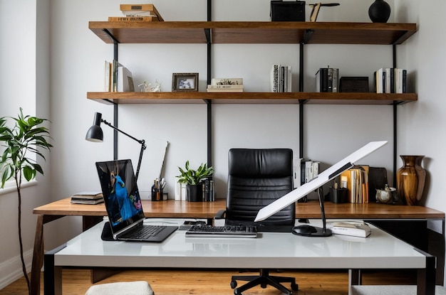 a desk with a laptop and a book shelf with a picture of a book on it