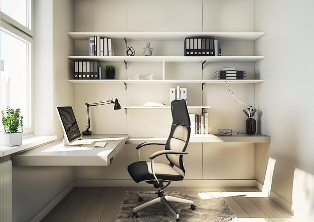 a desk with a laptop and a book shelf with plants on it