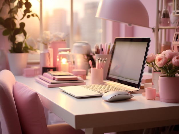 a desk with a laptop books and a lamp