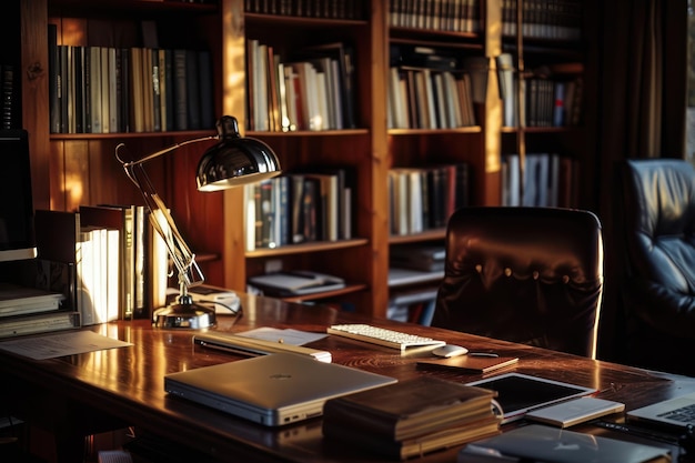 A Desk with a Laptop and Bookshelf in the Background