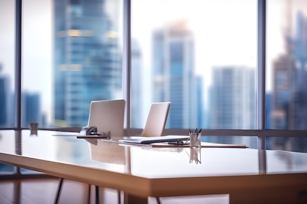 A desk with a laptop and a city view in the background