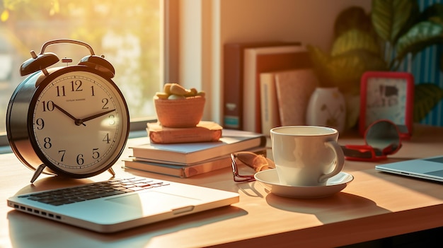 A desk with a laptop coffee an alarm clock books glasses a plant and a picture frame with sunlight shining through the window