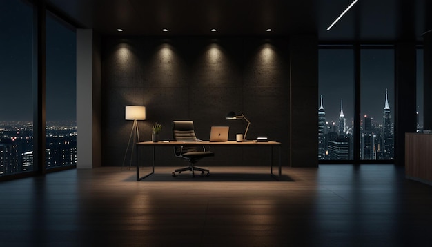 a desk with a laptop and a lamp on it