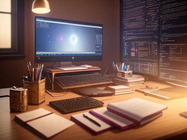 A desk with a laptop, a monitor, and a book that says'embarcadero'on it