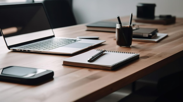 A desk with a laptop and a notebook on it