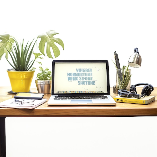 desk with laptop one telephone one little plant one pen wallpaper