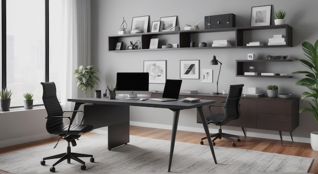 a desk with a laptop and a picture of a plant on it