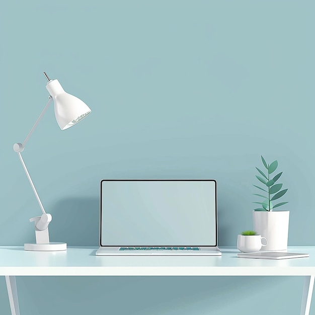 a desk with a laptop and a plant on it