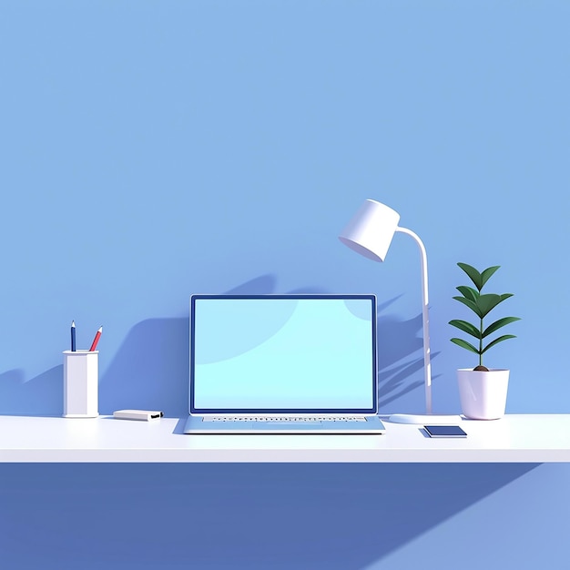 a desk with a laptop and a plant on it