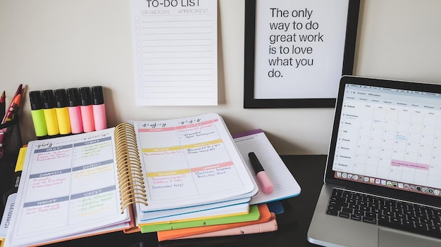 Photo a desk with a laptop and a poster that says the only way to do it