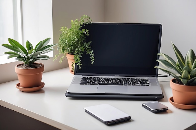 A desk with a laptop and a potted plant on it