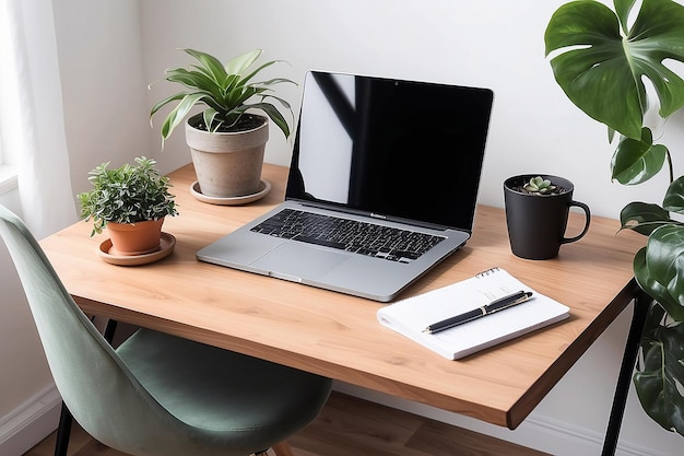 A desk with a laptop and a potted plant on it