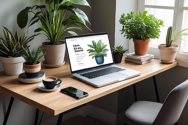 A desk with a laptop and a potted plant on it