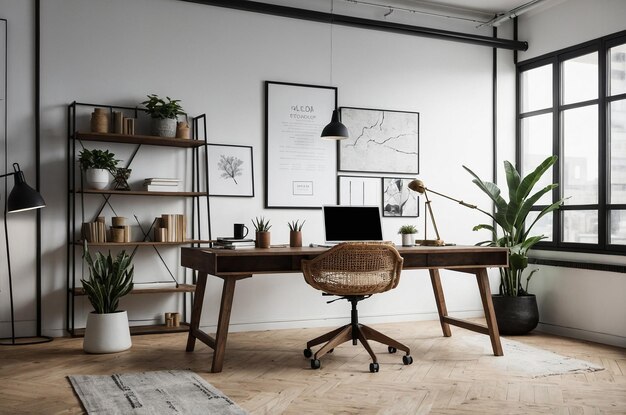 a desk with a laptop and potted plants on it