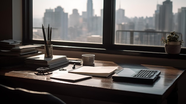 A desk with a laptop and a stack of books on it