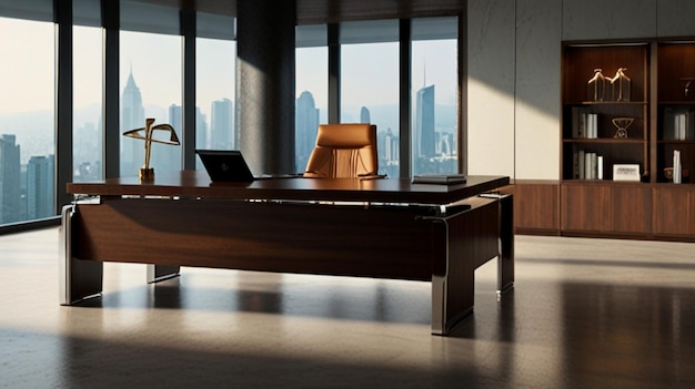 a desk with a laptop and a view of the city