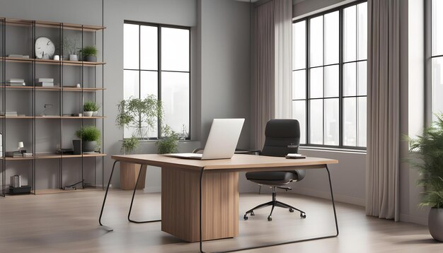 a desk with a laptop and a window in the background