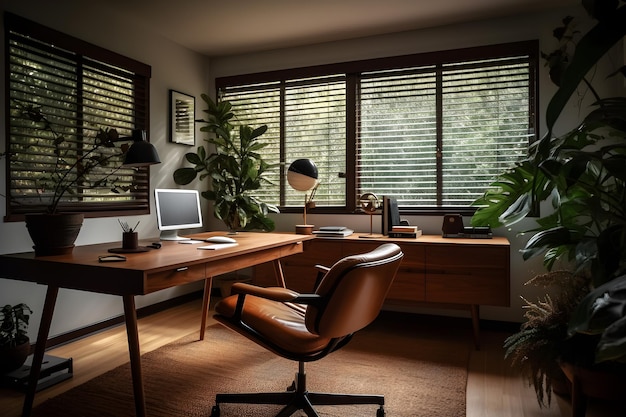 A desk with a leather chair and a lamp in the corner of a room with a window with blinds.