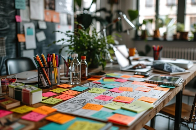 Photo a desk with a lot of colorful sticky notes and pens