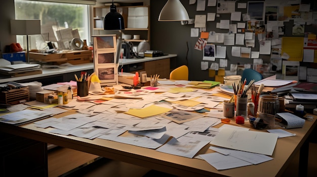 Photo a desk with a lot of papers on it and a postcard on it