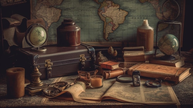 A desk with a map and a book on it