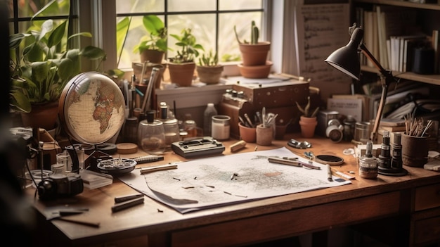 A desk with a map and a lamp on it