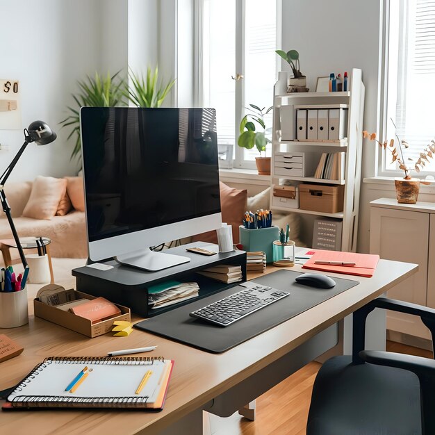 a desk with a monitor and a keyboard on it