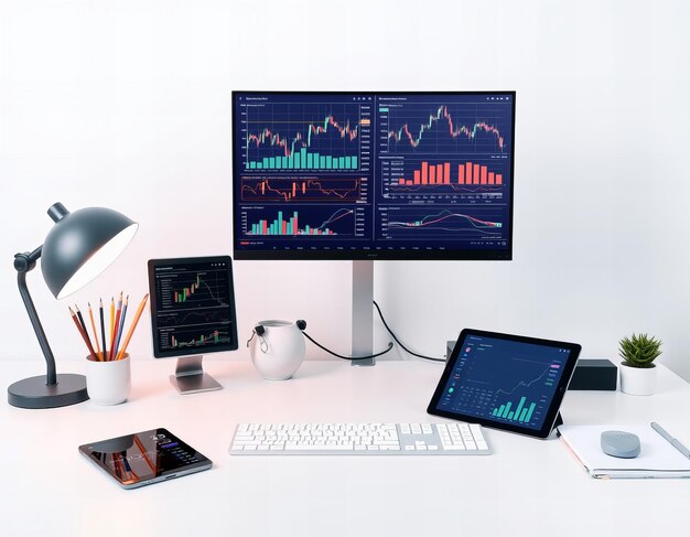 Photo a desk with a monitor keyboard and a laptop on it