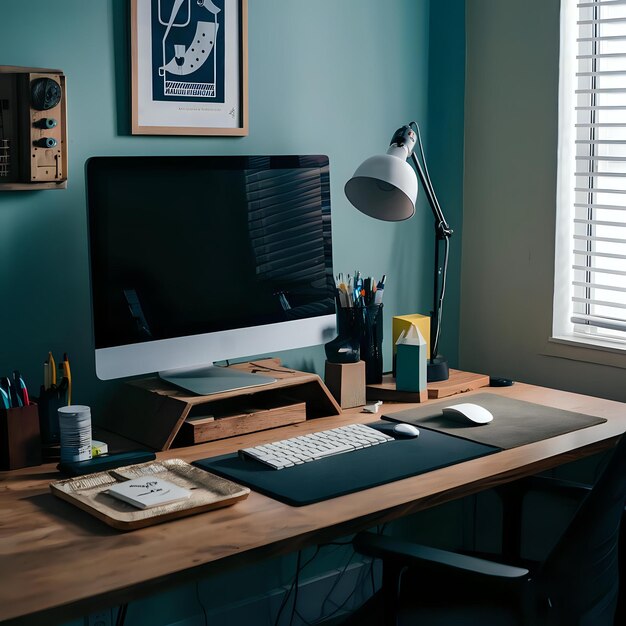 a desk with a monitor keyboard and a picture of a bird on it