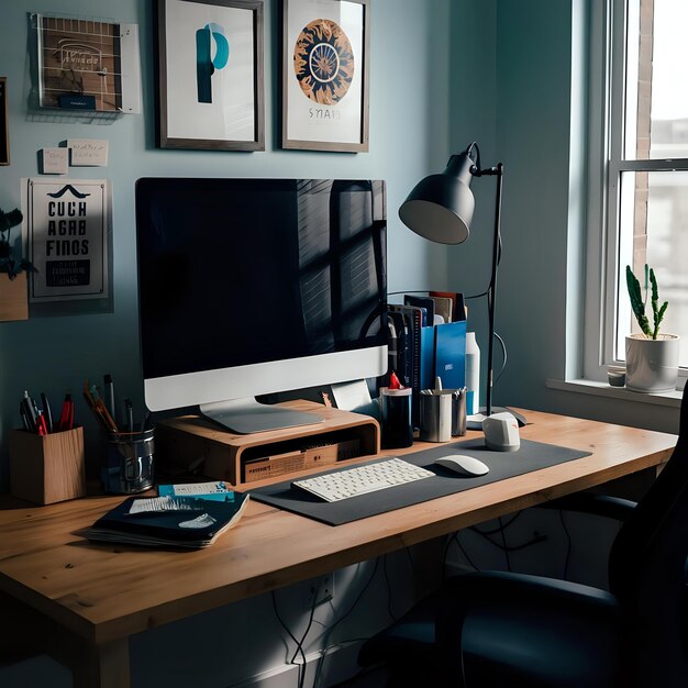 a desk with a monitor keyboard and a picture of a letter p on it