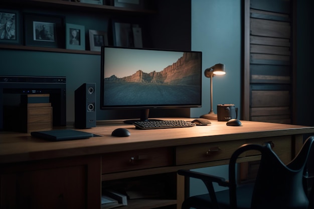 A desk with a monitor and a lamp that says'i'm a computer '