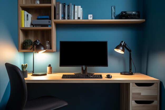 A desk with a monitor and a lamp