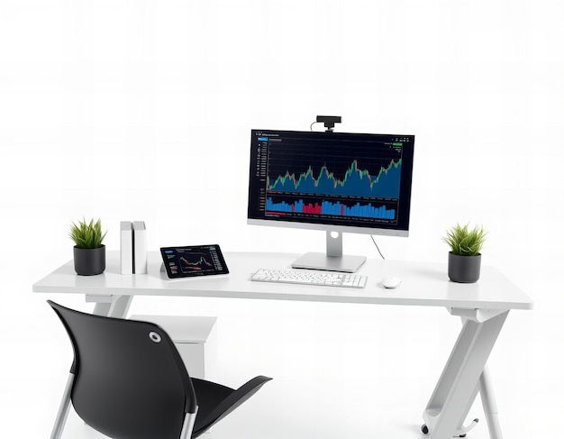 Photo a desk with a monitor and a plant on it