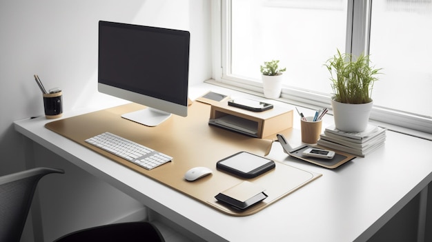 A desk with a monitor, tablet, and other items on it.