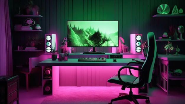 A desk with a monitor that says'i'm a gamer '