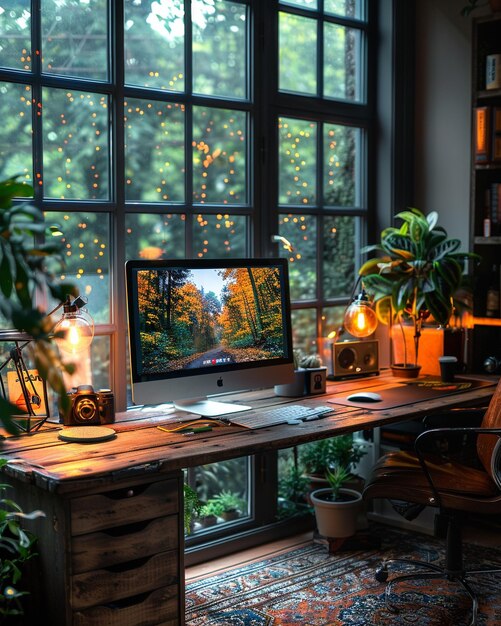 a desk with a monitor that says quot the word quot on it