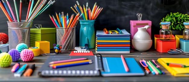 Desk with new educational materials colorful stationery and organized supplies