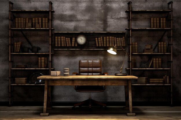 A desk with a pair of reading glasses and a bookshelf