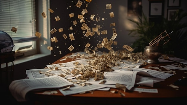 A desk with papers and a book that says " the word " on it.