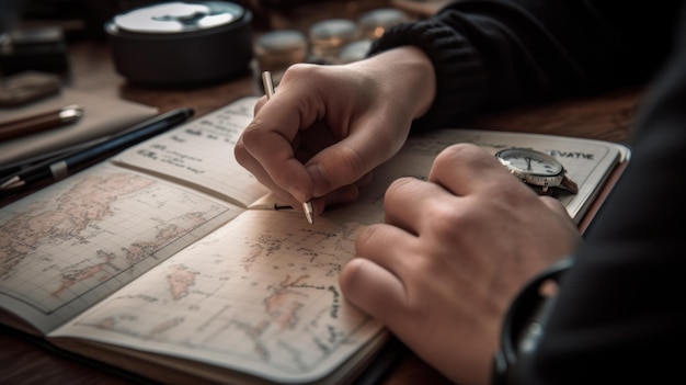 Desk with papers a white pad and the hands of a businessman who is about to write closeup to the han