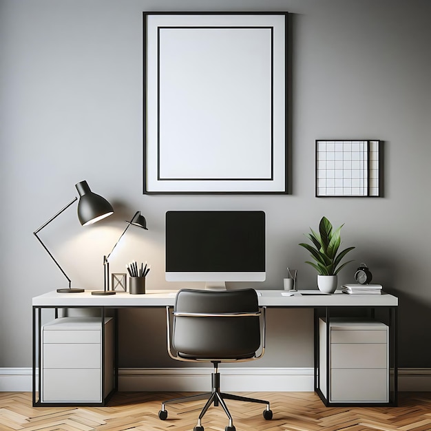 a desk with a picture of a plant and a chair