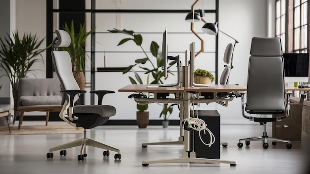 a desk with a plant on it and a chair with a plant on it